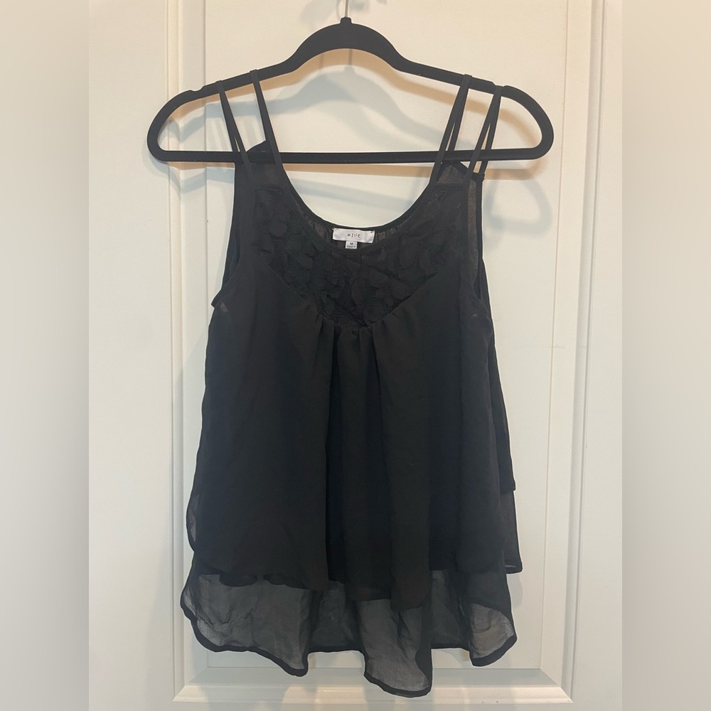 MINE Lace and Chiffon Black Spaghetti Strap Crop Top - Women’s Size M
